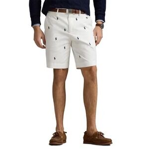 Polo Ralph Lauren Mens White Chino Shorts A Navy Blue Pony Logo Embroidered 42L